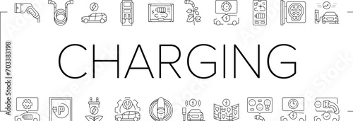 electric vehicle charging station icons set vector. energy power, car battery, hybrid, green technology, auto recharge, cable automobile electric vehicle charging station black line illustrations