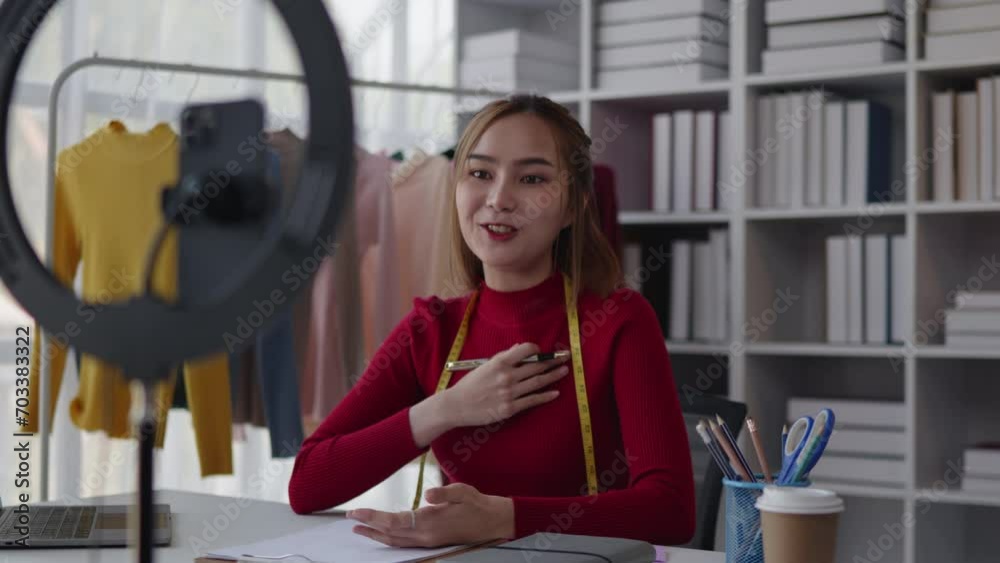 Female dressmaking designer and online seller is live streaming broadcast for selling new clothes and receiving the order from customer in workspace shop.