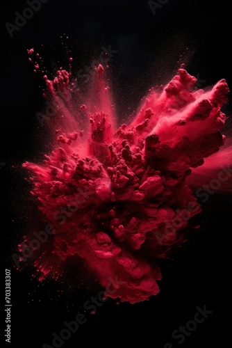 Explosion of ruby colored powder on black background