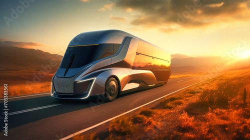 A large futuristic semi-trailer is driving along the highway. Concept for electric freight transport  logistics or cargo transportation. Truck on the highway.