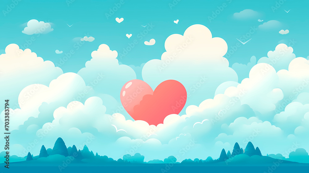 Abstract of nature landscape view scene with cloud and big red heart float up on blue sky. Lovely illustration in anime style. Design for Valentine's day, wedding, anniversary background