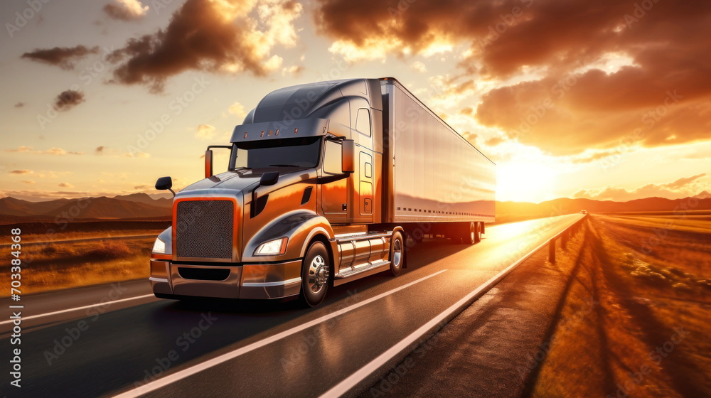 semi-trailer on the highway, highway. sunrise or sunset. The vehicle carries out international cargo transportation. Deserted highway with a truck.