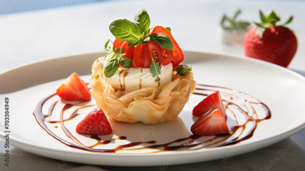  a white plate topped with a cupcake covered in whipped cream and topped with strawberries and a drizzle of chocolate.