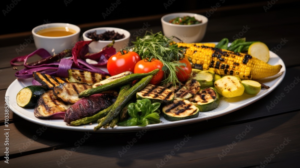  a white plate topped with grilled vegetables next to a cup of tea and a bowl of sauce on top of a wooden table.