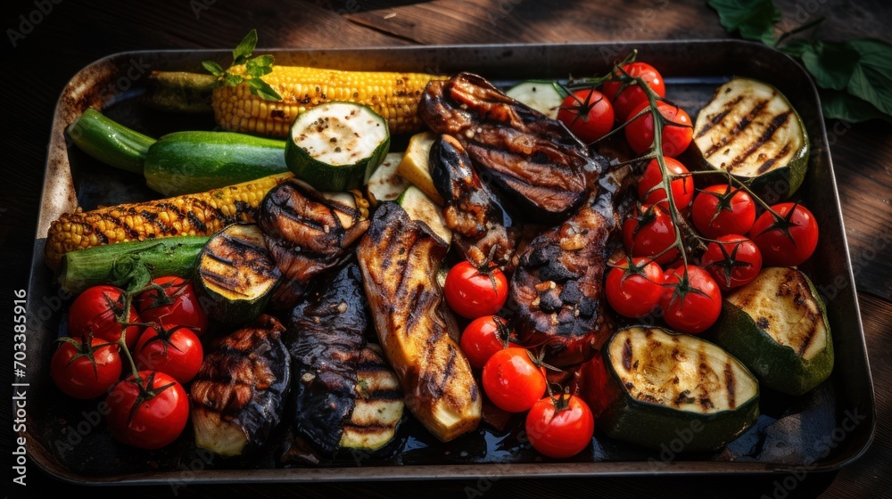 a tray of grilled vegetables including corn, tomatoes, zucchini, and corn on the cob. a tray of grilled vegetables including corn, tomatoes, zucchini, and corn on the cob.