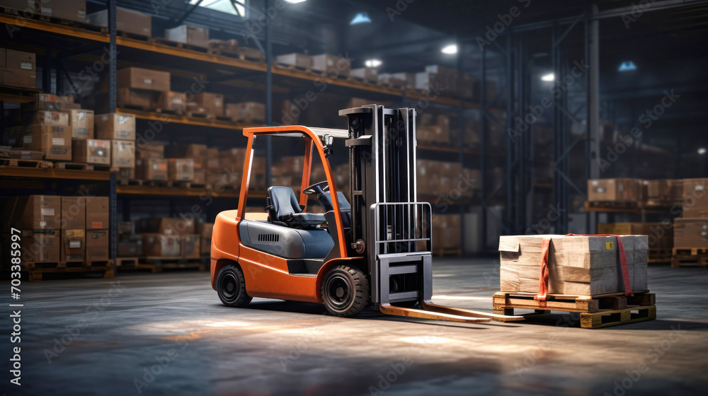 A modern forklift for working in a warehouse, loading, unloading and transporting goods. Logistics warehouse.