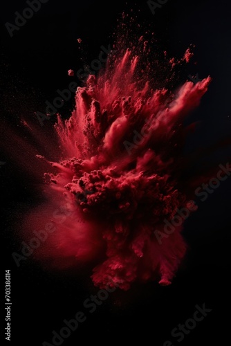 Explosion of maroon red colored powder on black background