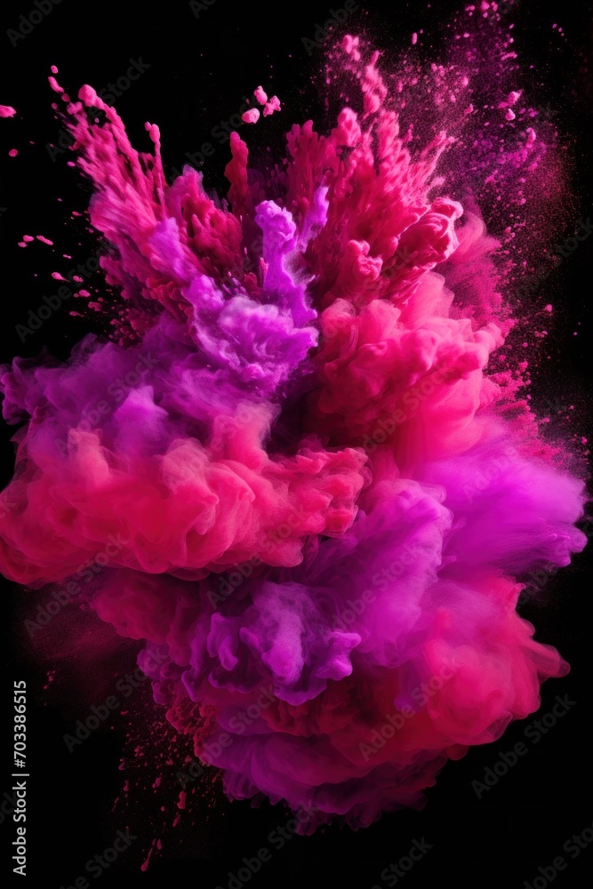 Explosion of magenta colored powder on black background