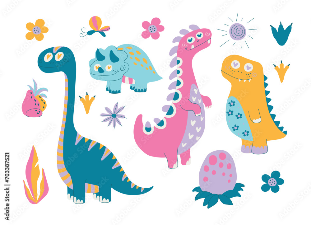 dinosaurs Set of funny. Pink dinosaur. Vector illustration