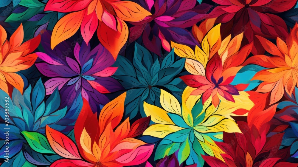  a bunch of colorful leaves that are on top of a black background with red, yellow, green, and blue colors.
