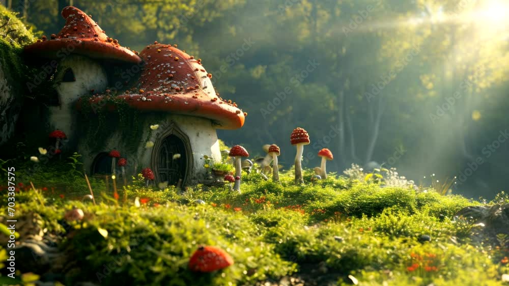 Mushroom house in forest as fairy house video animation looping  stock background 