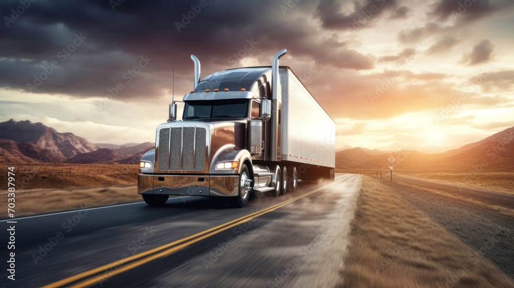 A long-haul semi-trailer is speeding down the highway to deliver a heavy load. Cargo transportation and logistics. Heavy truck.