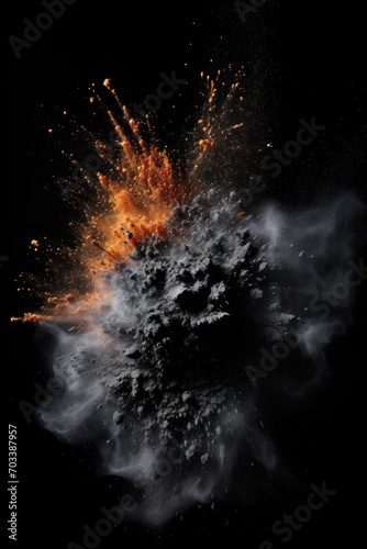 Explosion of black colored powder on black background