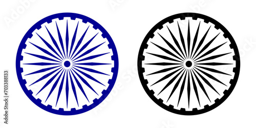 Ashoka chakra in blue and black color with shadows and accurate lines. Indian flag Ashoka chakra wheel in flat style. Vector illustration