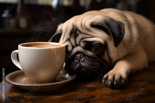 Cute French Bulldog dog lying down next to blank white drinking cup © Oksana