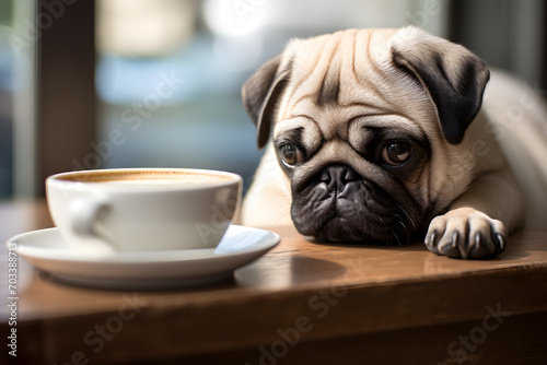 Cute French Bulldog dog lying down next to blank white drinking cup © Oksana