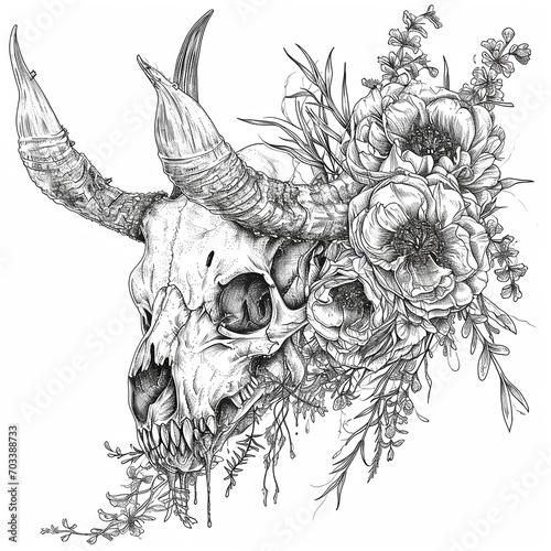 Skull of buffalo with flowers. Tattoo art.  photo