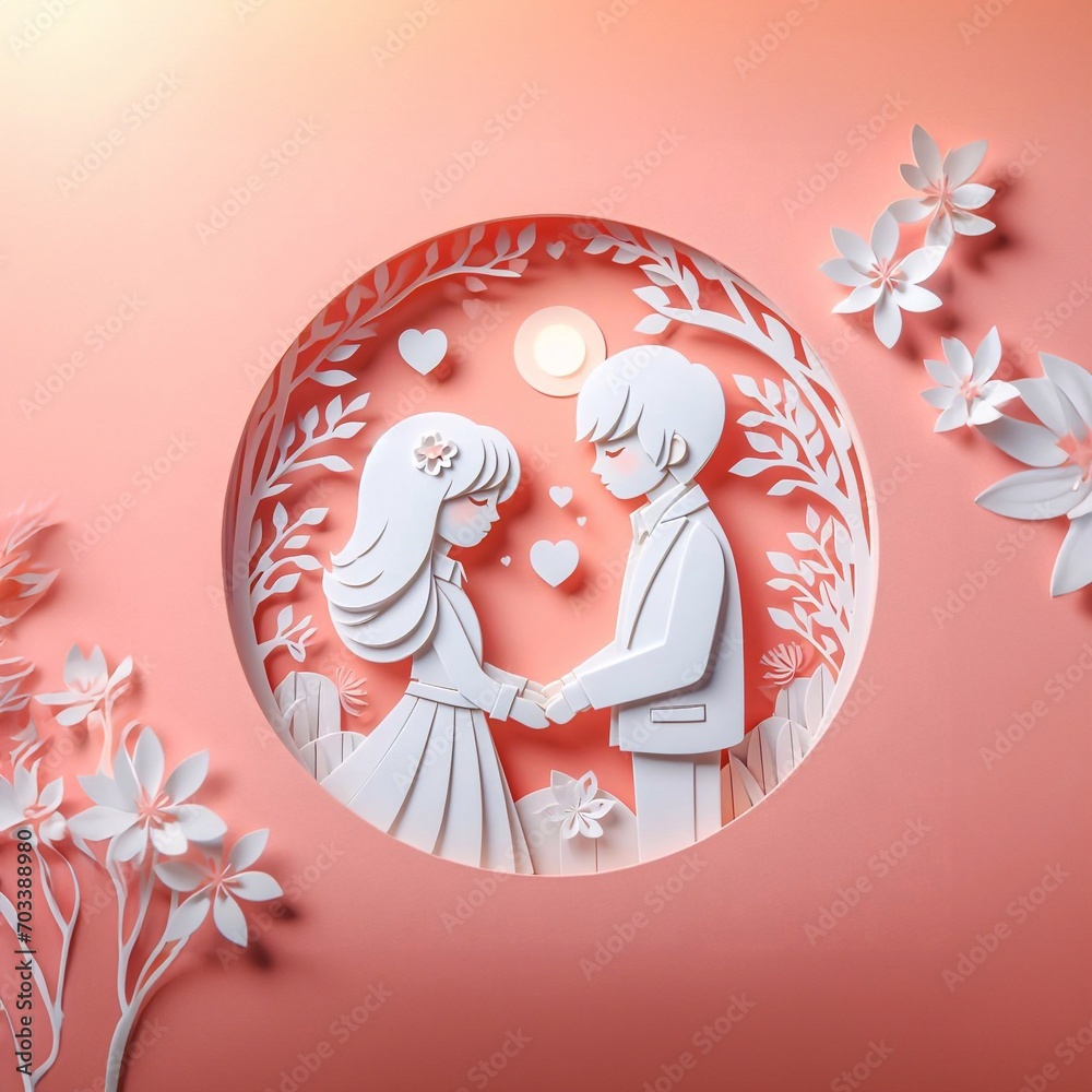 Cute couple, Valentine's Day and wedding, paper art, paper cut generative ai illustration art Cute couple, Valentine's Day and wedding, paper art, paper cut generative ai illustration art