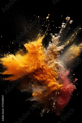 Explosion of brass colored powder on black background