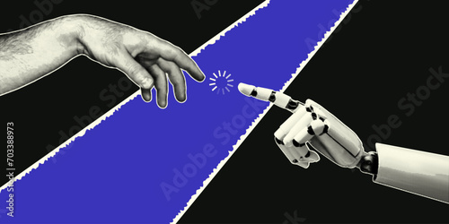 Robot and human hand in retro collage style with halftone. Vector illustration, artificial intelligence concept.