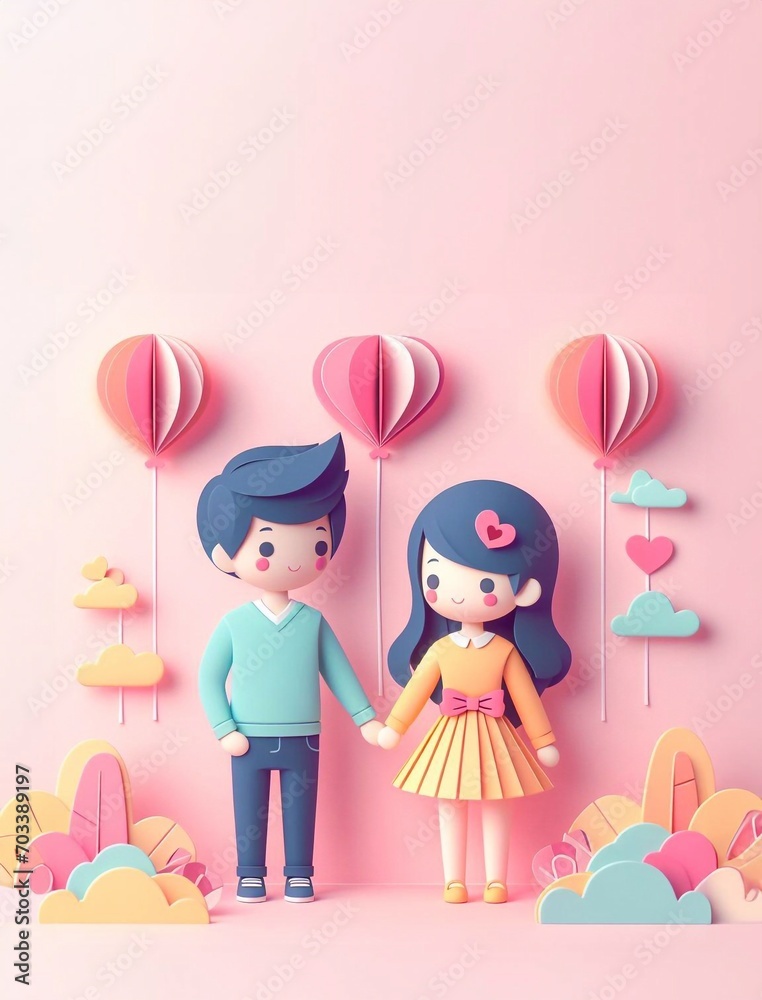 Cute couple, Valentine's Day and wedding, paper art, paper cut generative ai illustration art Cute couple, Valentine's Day and wedding, paper art, paper cut generative ai illustration art
