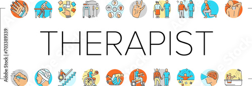 occupational therapist health icons set vector. therapy physical care, physiotherapist assistance, professional doctor occupational therapist health color line illustrations