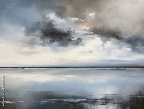 cloudy ocean landscape painting, modern and contemporary design, blue and gray tones