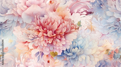 a close up of a bunch of flowers on a white and blue background with pink, yellow, and blue flowers.
