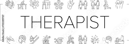 occupational therapist health icons set vector. therapy physical care, physiotherapist assistance, professional doctor occupational therapist health black line illustrations