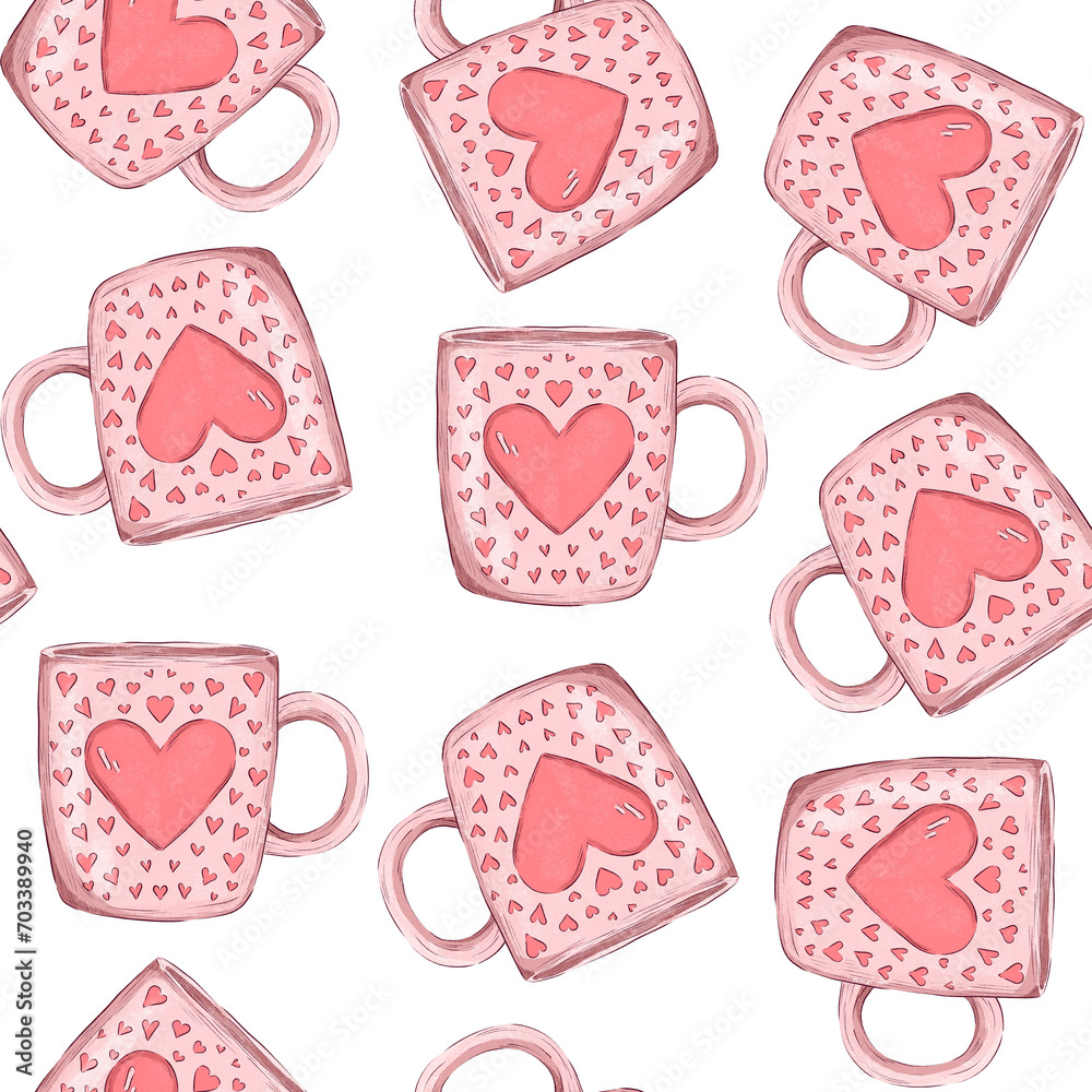 Hearts Mug Illustration Hand Drawn Seamless Pattern