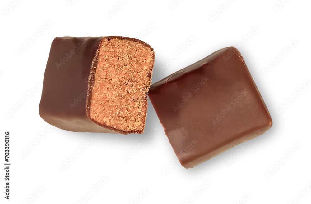 Chocolate broken in half, top view isolated on transparent background. Chocolate broken in half, top view isolated on transparent background.