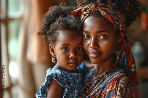  happy pretty young African woman mom, holding her cute little daughter