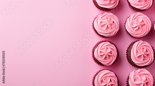 Top view of cupcakes with pink buttercream frosting on pink background with copy space