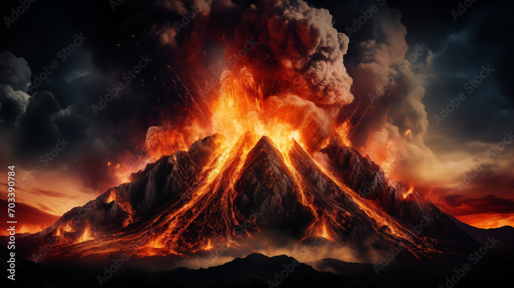 Volcano erupting with fire and burning lava, spewing out dark black smoke