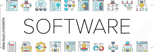 software engineer computer code icons set vector. technology business, developer office, programmer people, man, website internet software engineer computer code color line illustrations