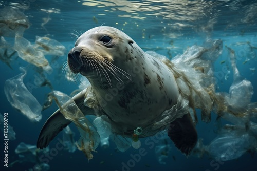 Seal Swimming Amongst Plastic Waste Underwater © Adrian