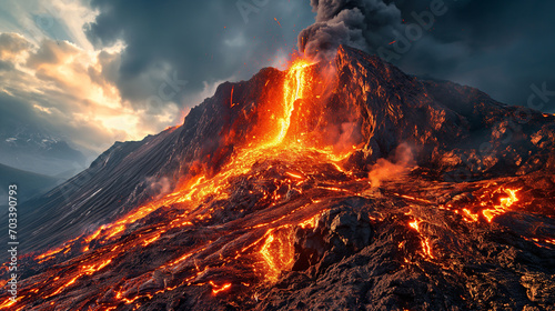 Volcano erupting with fire and burning lava, spewing out dark black smoke