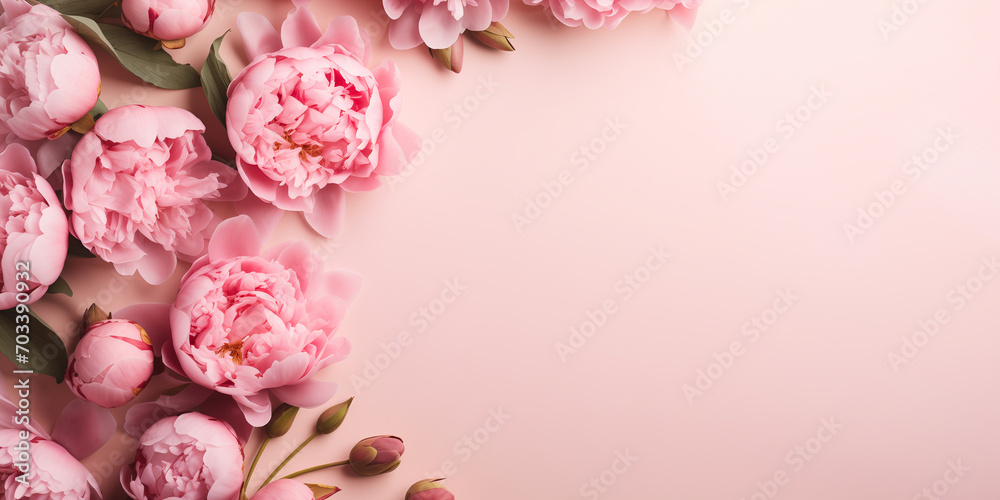 Pink background with peonies and space for text on international women's day Pink background with peonies and space for text on international women's day