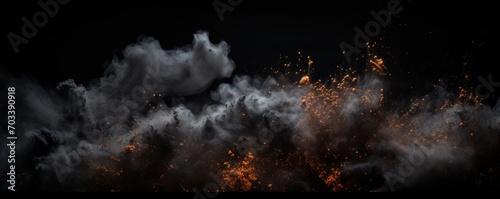 Explosion of black colored powder on black background