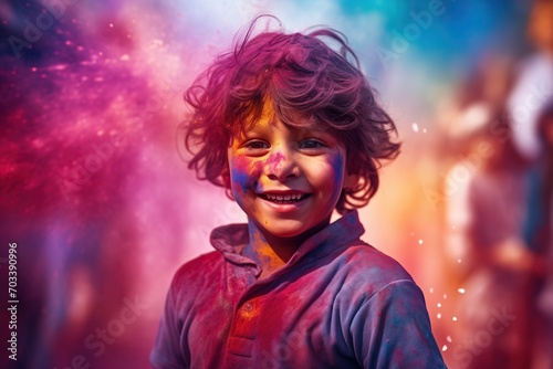 Exuberant Young Boy with Vivid Holi Colors on His Face