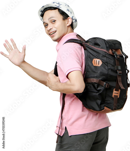 attractive asian man backpacker backpose with greeting hand palm. travelling concept. on isolated background photo