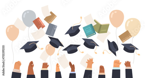 Hands of graduates joyfully throwing their caps into the hat on an isolated background. Graduation from school or university flat vector illustration