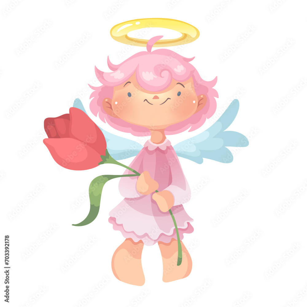 Cute angel girl holding holding a flower and smiling. Vector Illistration