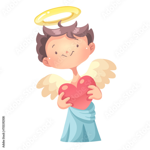 Cupid is holding a red heart and smiling. Vector illustration