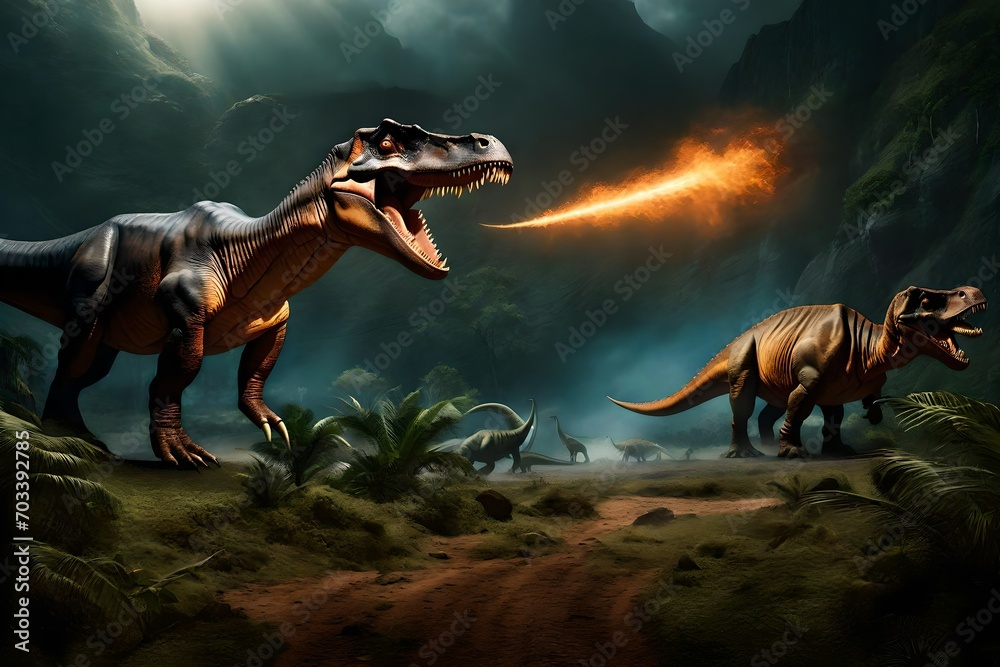 Transport yourself to a bygone era with a super realistic stock illustration depicting the enigmatic event of Dinosaur Extinction.  - obrazy, fototapety, plakaty 