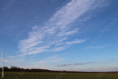 A field with blue sky and clouds