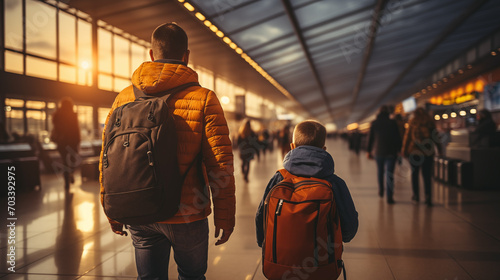 Back view of father and son with backpacks at airport. Travel concept