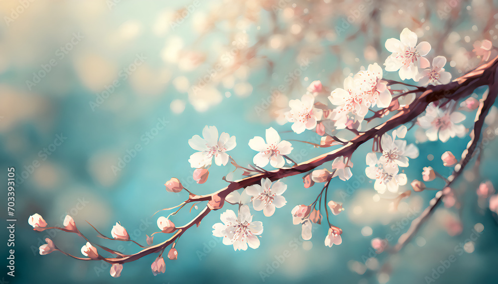 Branches of a cherry tree full of small cherry blossoms in sunlight, spring concept, Sakura, soft focus