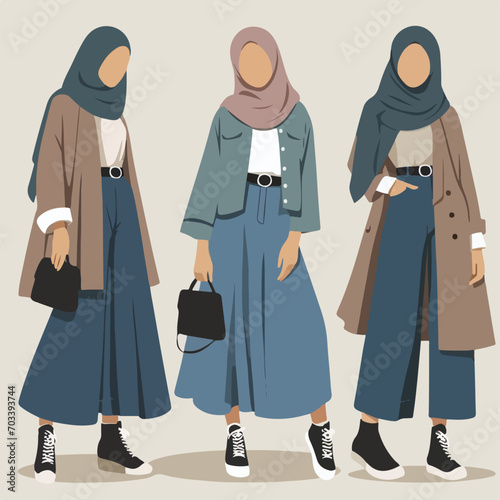 Illustration set of stylish muslim female. beautiful muslim girl hijab vector illustration