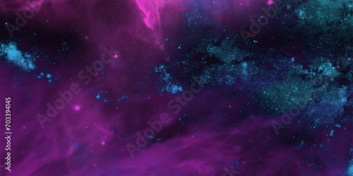 Cosmic neon light blue watercolor Paper textured aquarelle deep black canvas. Space background Fantastic outer view with realistic bright stars and cluster. Dark Magenta Galaxy Watercolor Texture 